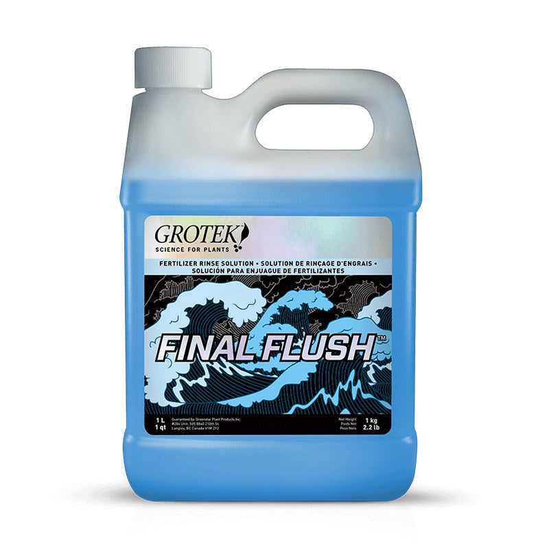 Grotek Final Flush liquid solution jug, blue with carry handle and front branding