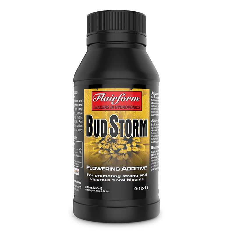 Black Flairform Bud Storm flowering additive bottle, yellow flower label, 0-12-11.
