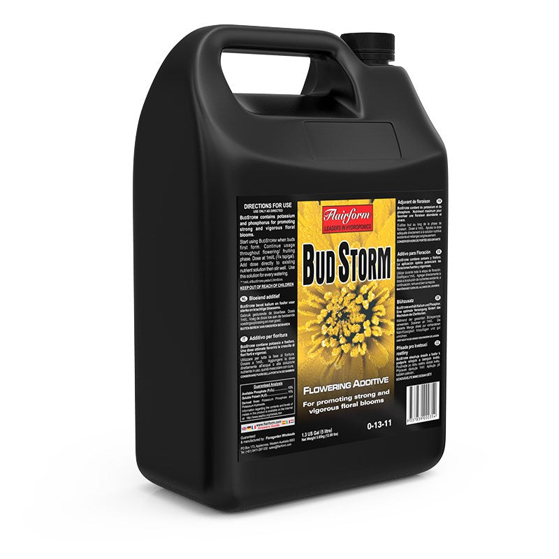 Black Flairform Bud Storm additive jug with rear label and handle, 0-13-11.