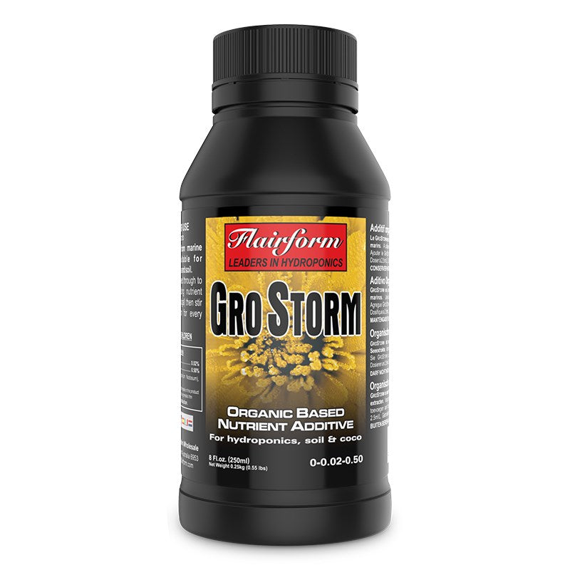 Flairform Gro Storm nutrient additive bottle, black with front label and yellow flower graphic