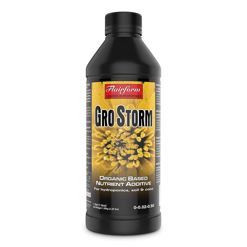 Flairform Gro Storm nutrient additive bottle, black with large front label and yellow flower art