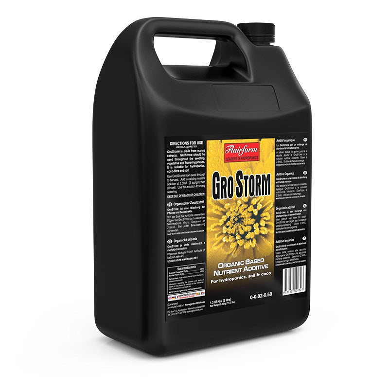 Flairform Gro Storm nutrient additive bottle, black back label with handle and barcode