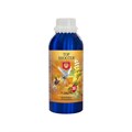 Liquid fertilizer bottle, blue with white screw cap, label facing forward