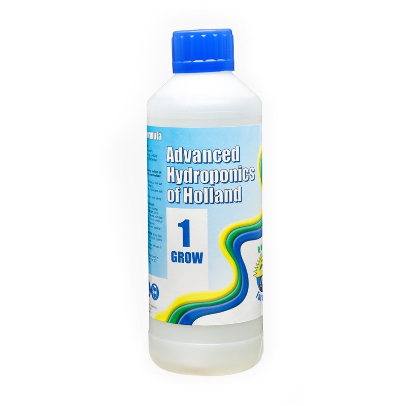 Hydroponics nutrient bottle with blue screw cap, white plastic, front label