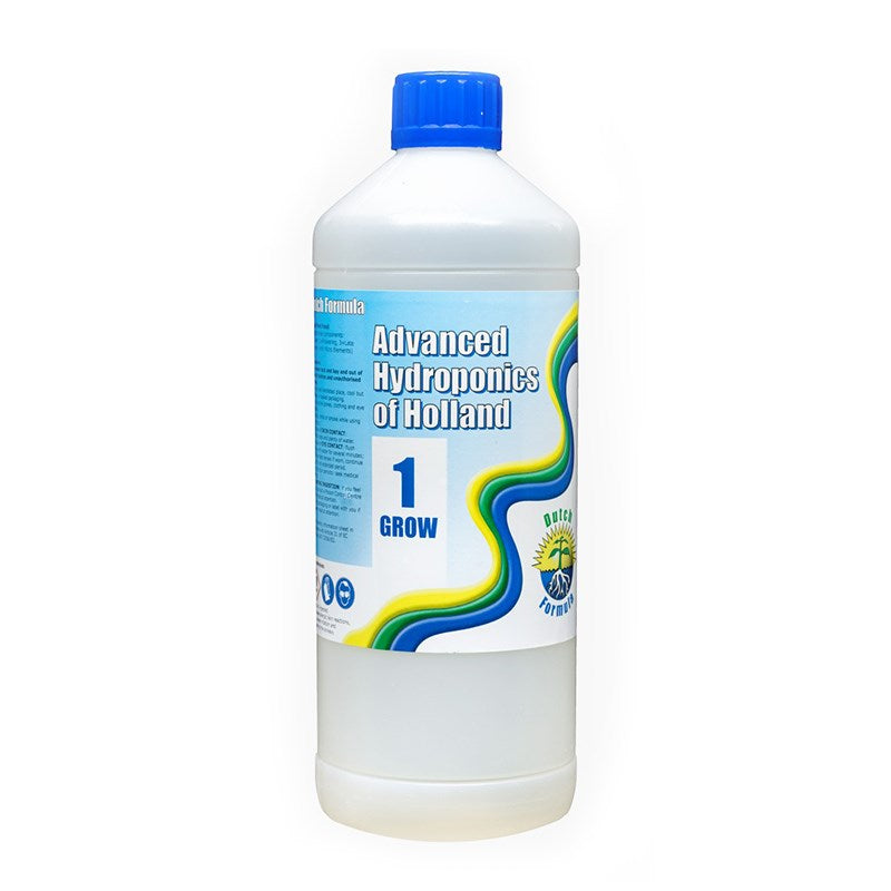 Hydroponics nutrient bottle with blue screw cap, white plastic, front label close view
