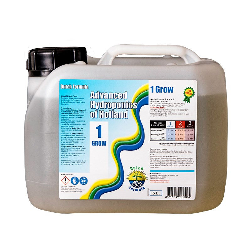 Hydroponics nutrient jerry can with black cap and white handle, white plastic, labeled side