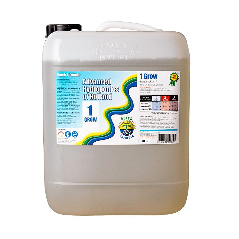 Hydroponics nutrient jerry can with white handle, labeled front, translucent white container