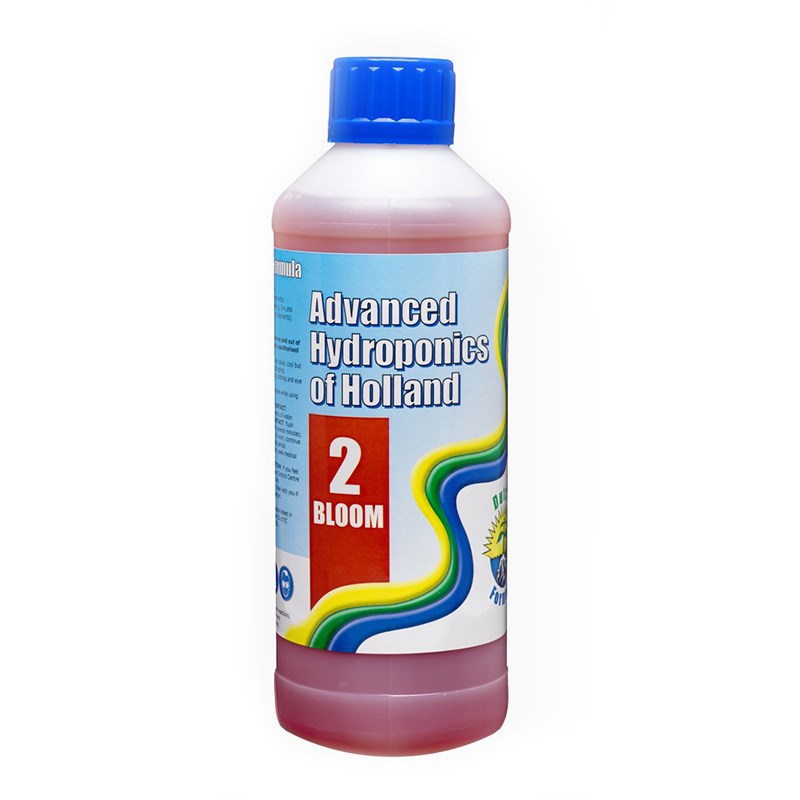 Hydroponic Bloom nutrient bottle with blue cap, white label, magenta liquid base
