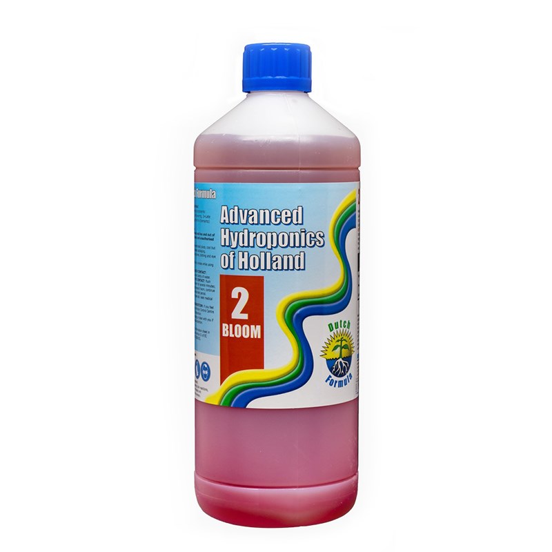 Hydroponic Bloom nutrient bottle, blue cap, front label, magenta tinted base