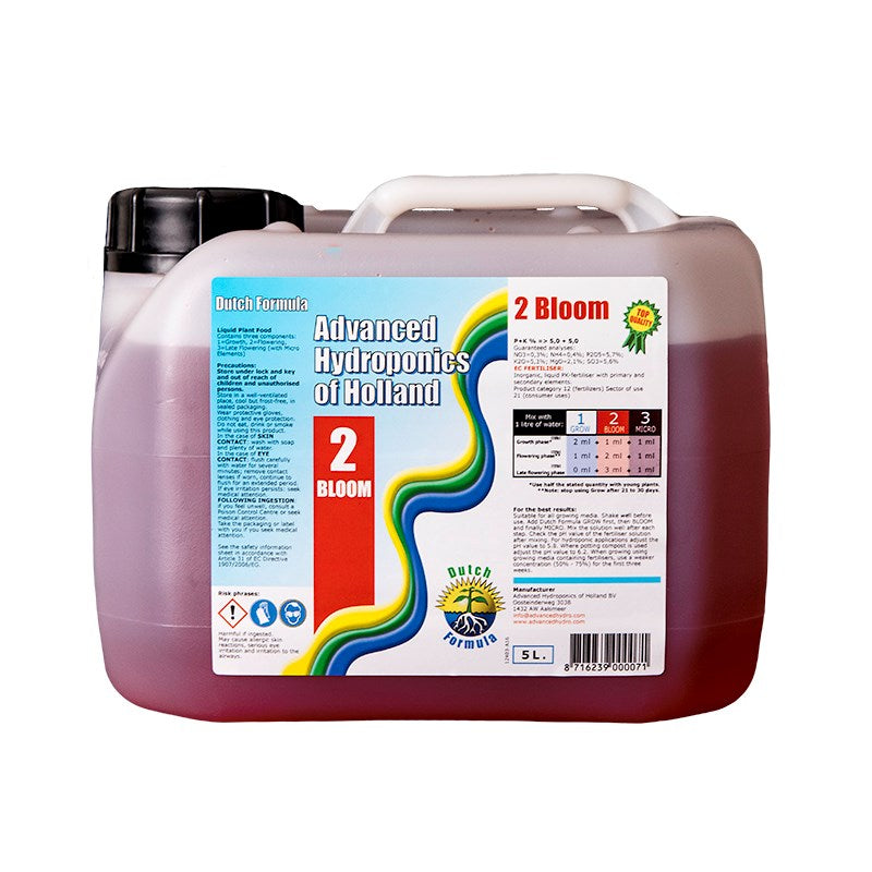 Hydroponic Bloom nutrient jerry can with handle, front and side labels, purple liquid