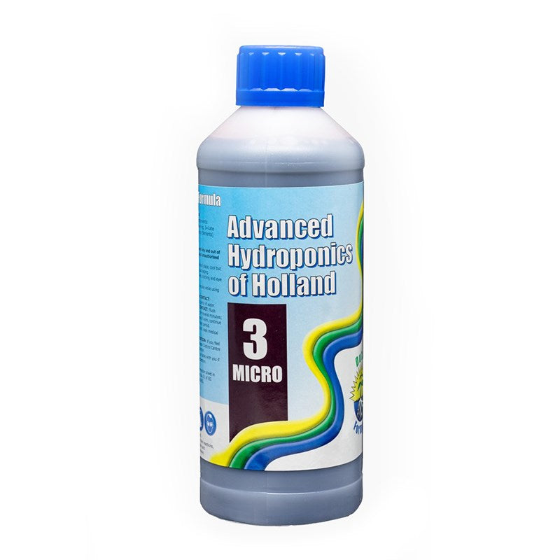Hydroponic nutrient bottle, gray with blue screw cap and front label