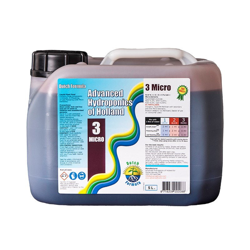 Hydroponic nutrient jug, gray with black cap and white handle, front label