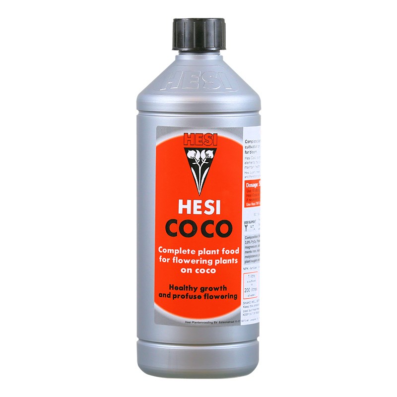 Hesi Coco plant nutrient bottle, gray with black cap, front label visible.