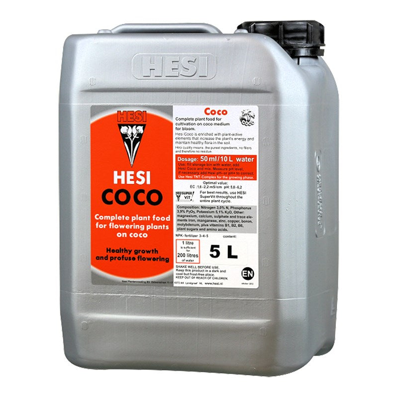 Hesi Coco plant nutrient canister, light gray with black pump cap, front label shown.