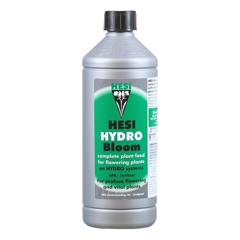 Hesi Hydro Bloom plant food bottle, green label on gray/white container.