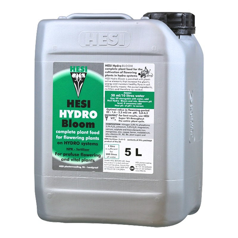 Hesi Hydro Bloom 5 L jerry can with green label and printed usage details.