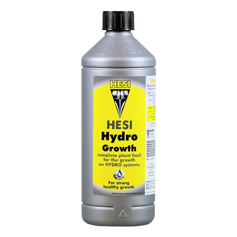 Hesi Hydro Growth liquid bottle, front view with black cap and yellow label