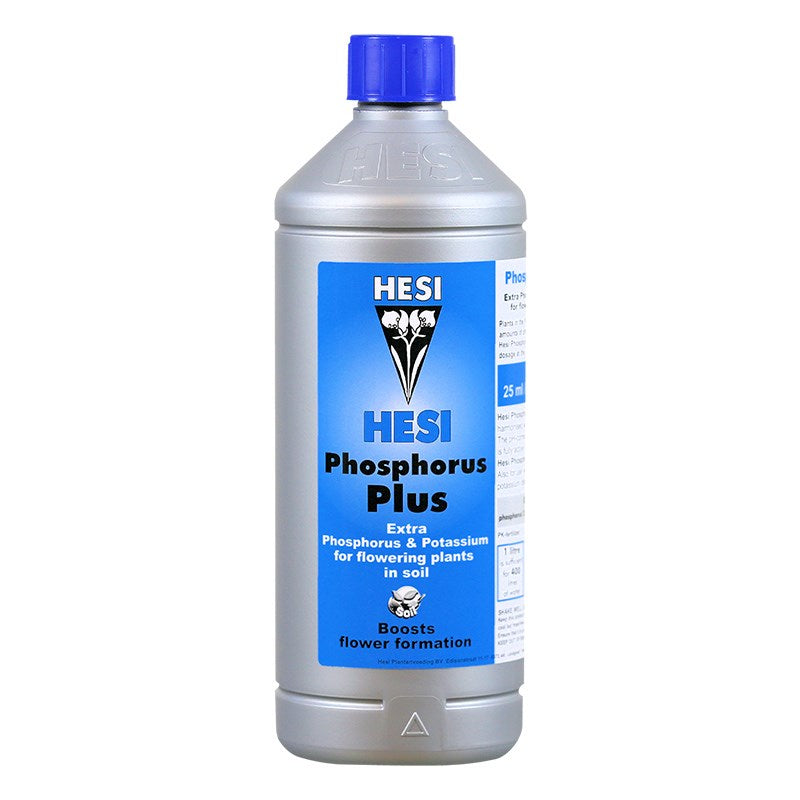 Hesi Phosphorus Plus liquid plant nutrient bottle with blue cap and large label.
