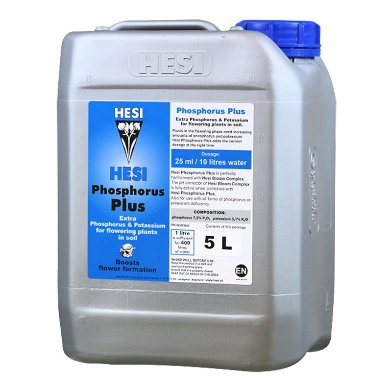 Hesi Phosphorus Plus 5 L liquid nutrient jug, blue label on gray container.
