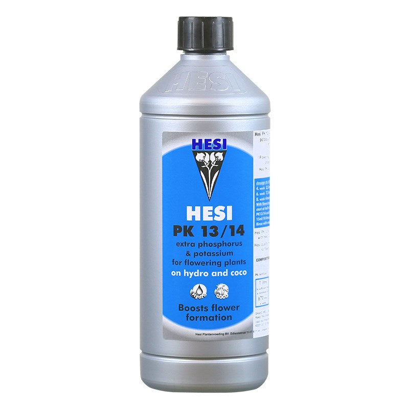 Hesi PK 13/14 plant nutrient bottle with black cap, gray body and blue label