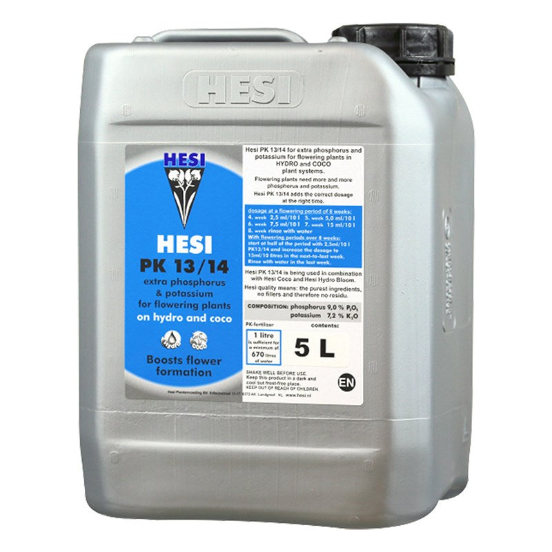 Hesi PK 13/14 nutrient canister, gray with blue label panel and black handle cap