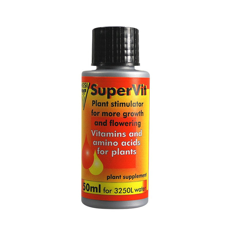 Plant stimulator bottle with black ribbed cap, orange label and yellow text