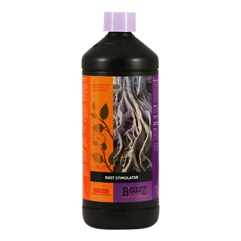 Atami B'cuzz root stimulator bottle, dark container with orange and purple label
