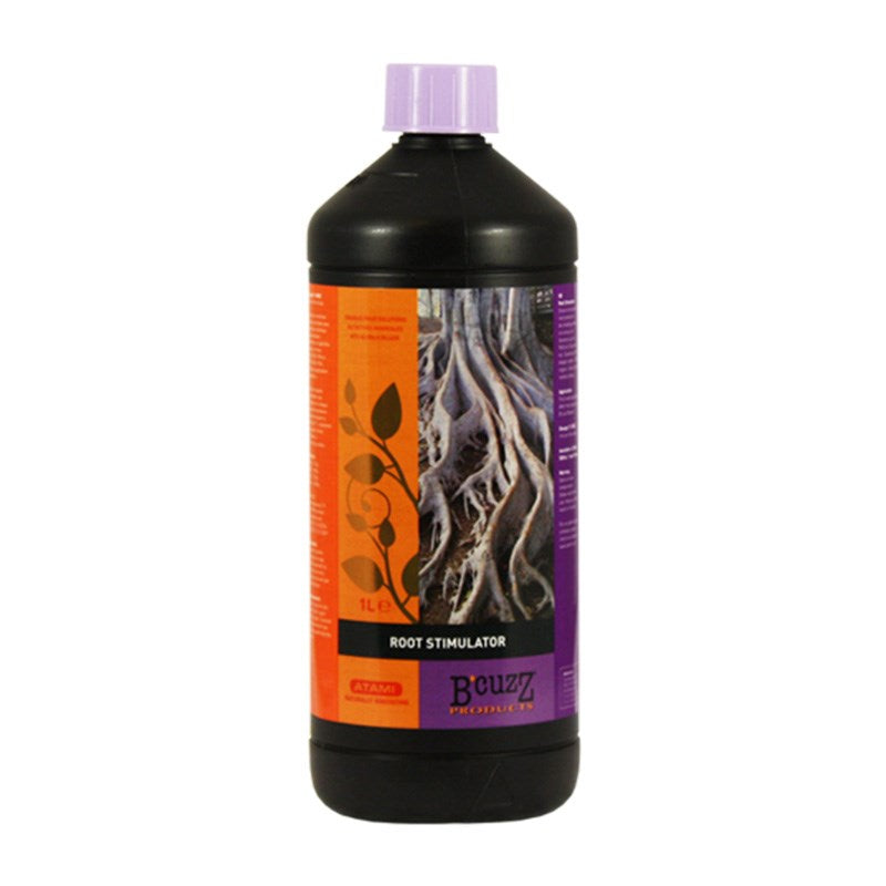 Atami B'cuzz root stimulator bottle with orange and purple front label, dark cap