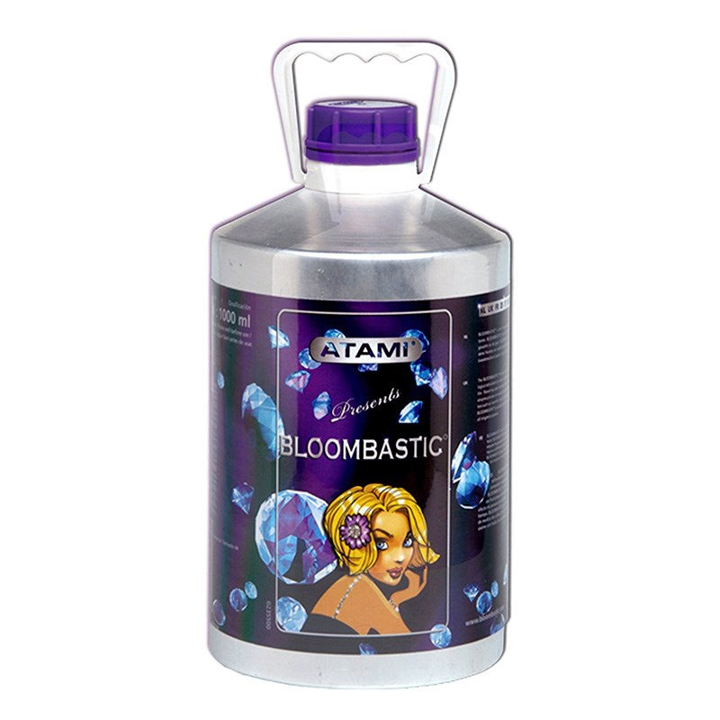 Atami Bloombastic bottle with purple cap, portrait label, and fantasy bubble graphics.