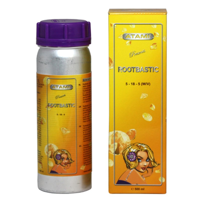Rootbastic nutrient bottle and yellow box with purple cap, 500 ml