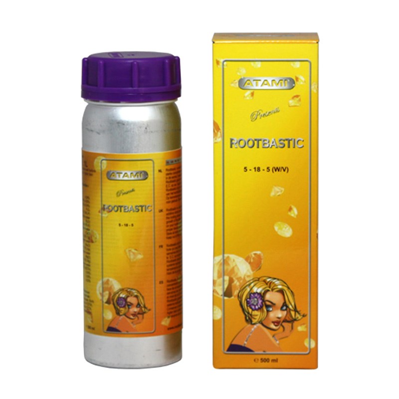 Rootbastic nutrient bottle with purple cap beside yellow box, 500 ml