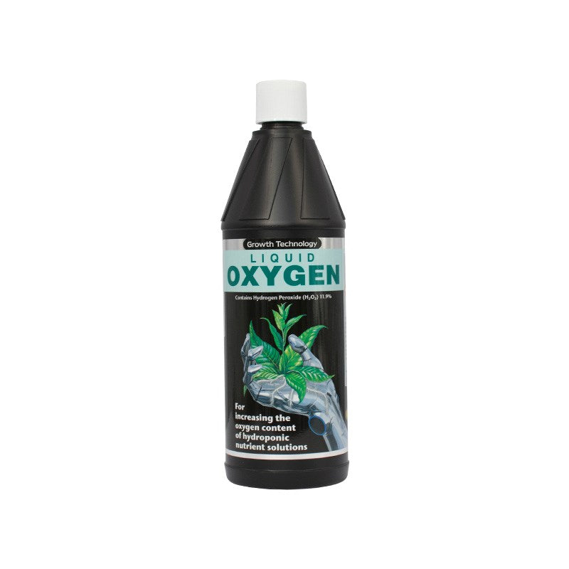 Black liquid oxygen bottle with white cap, front label with plant and oxygen graphic