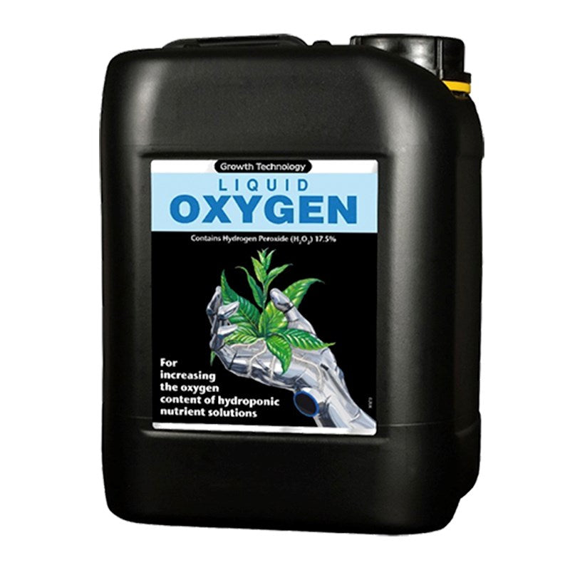 Black liquid oxygen jerrycan with white label panel, plant graphic and blue bubbles
