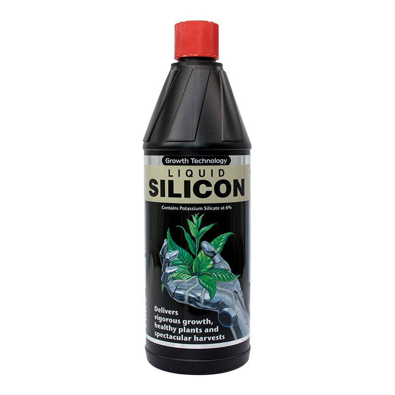 Black liquid silicon bottle with red cap, white label panel and plant illustration