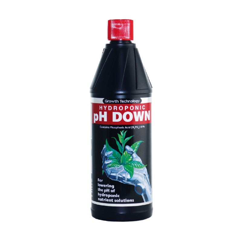 Growth Technology Hydroponic pH Down bottle, black with red cap and front label
