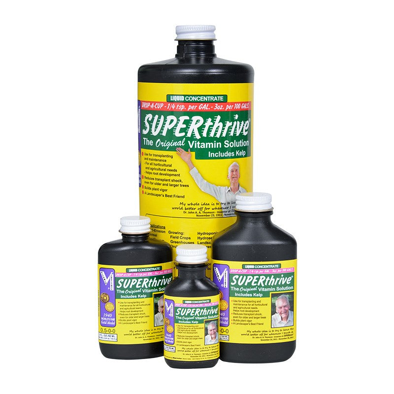 Superthrive liquid fertilizer bottle set, yellow label with dark bottles (multiple sizes)