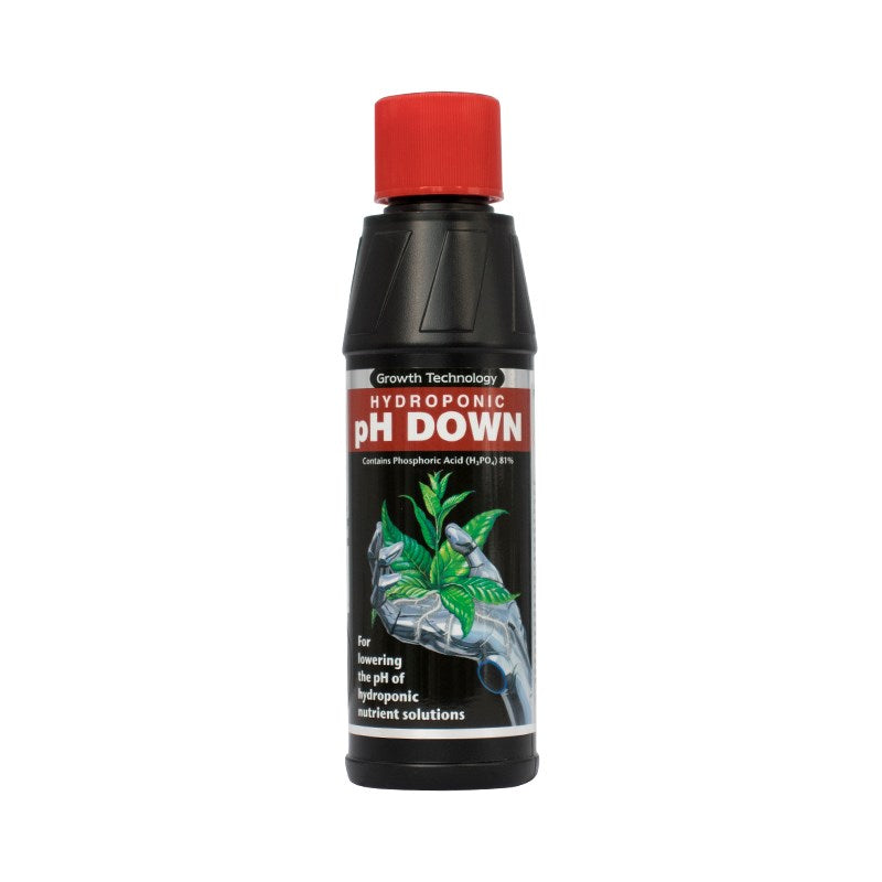 Growth Technology Hydroponic pH Down bottle, black with red cap and printed label