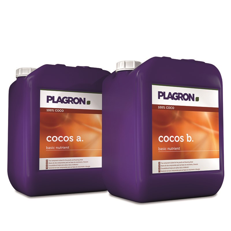 Plagron coco nutrient jugs with rear panels for Cocos A and Cocos B, white caps.