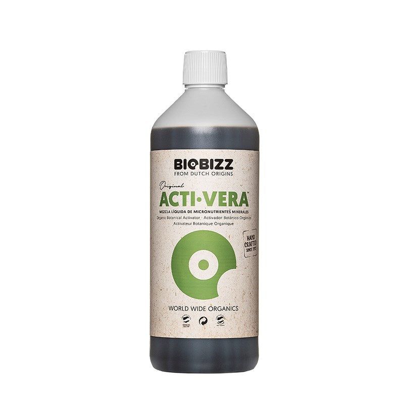 BioBizz Acti-Vera bottle with white cap and green circular logo on beige label