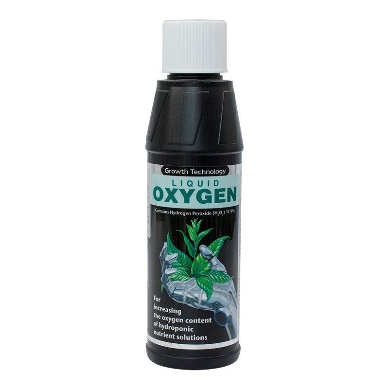Black liquid oxygen bottle with white cap, green and blue label