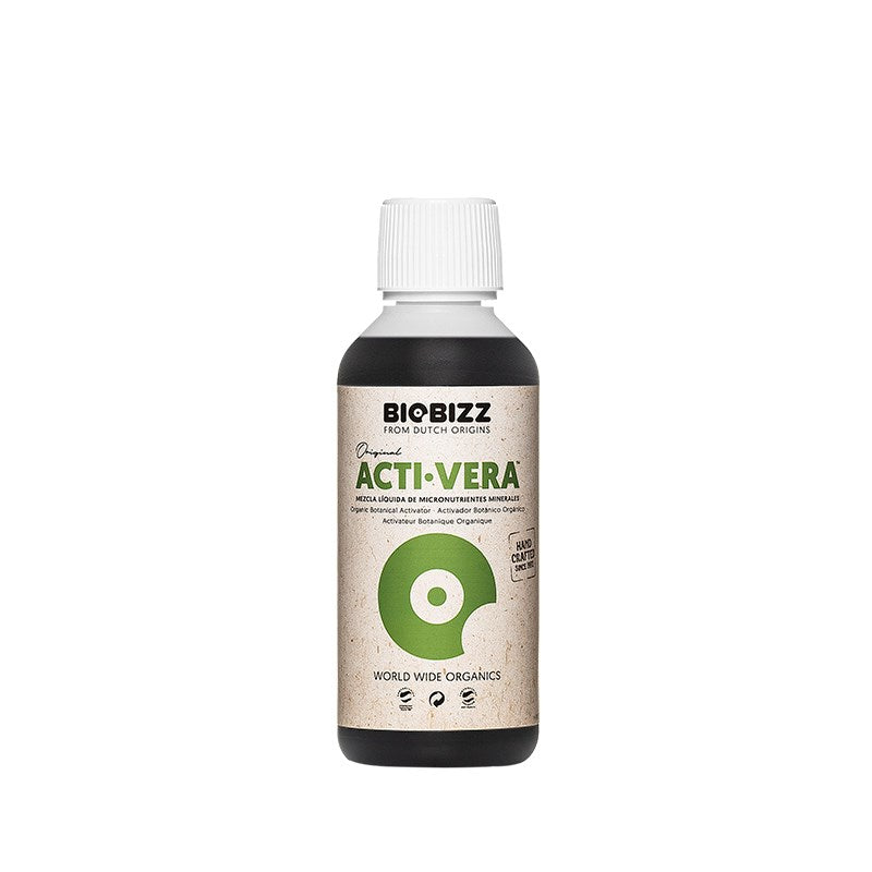 BioBizz Acti-Vera bottle with white cap and green label for plant nutrients