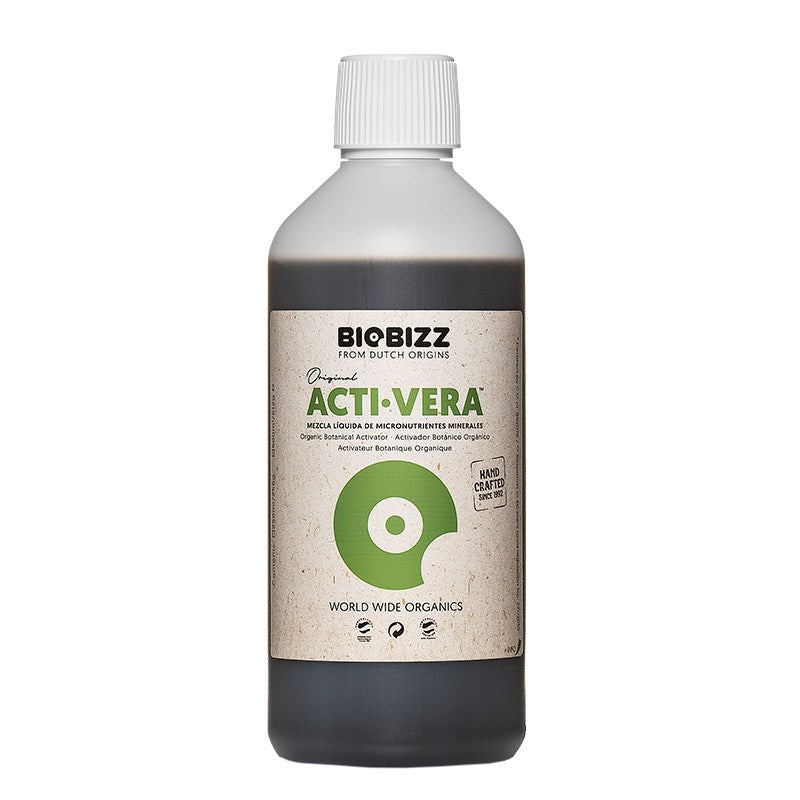 BioBizz Acti-Vera large bottle, white cap, beige label with green logo