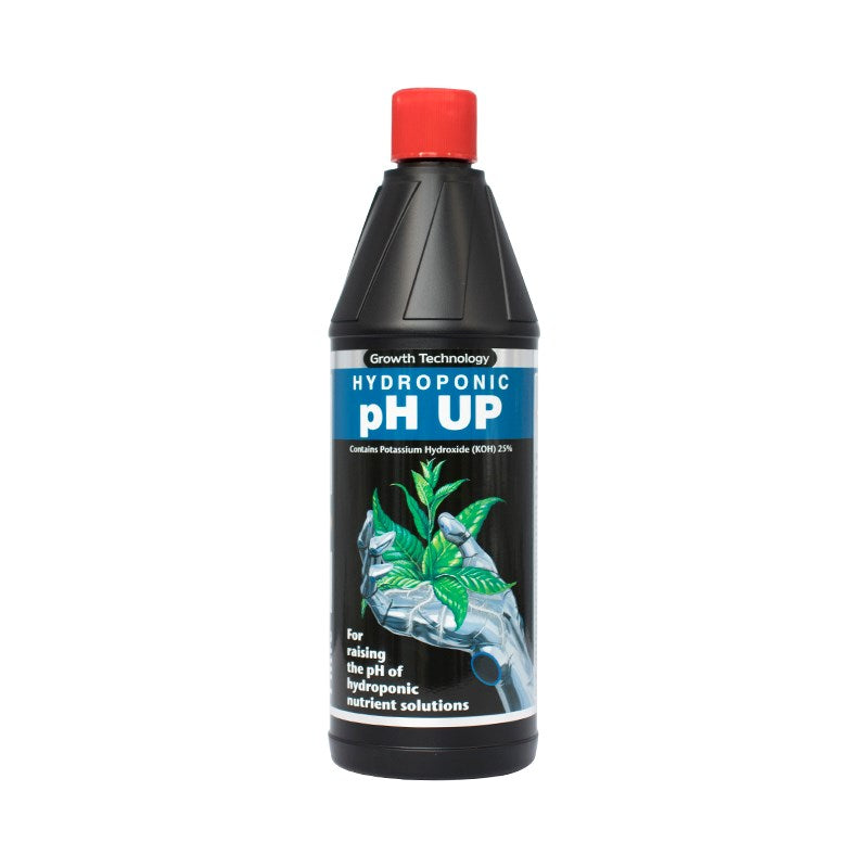 Hydroponic pH Up bottle, red cap and green plant label on black container