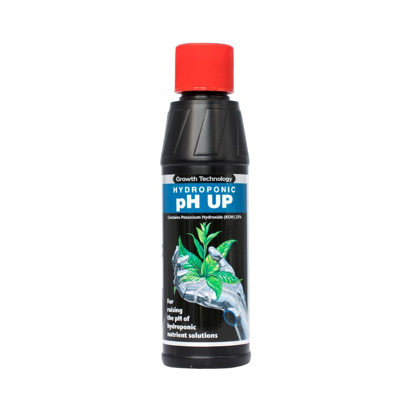 Hydroponic pH Up bottle with red cap, black container and front label