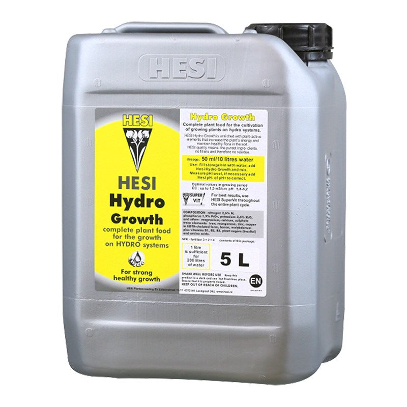 Hesi Hydro Growth 5 L jerry can with black spout and yellow label