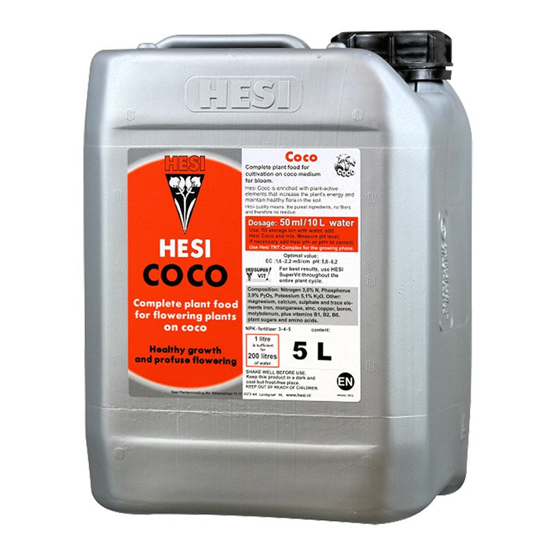 Hesi Coco plant nutrient canister, light gray, black cap, front label with dosage details.