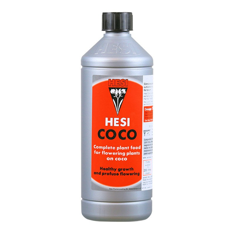 Hesi Coco plant nutrient bottle, gray body and cap, orange and black front label.