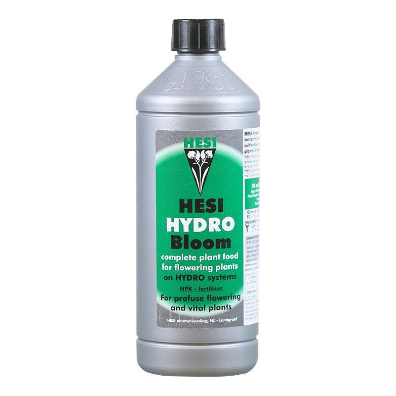 Hesi Hydro Bloom complete plant food bottle with green label and black cap.