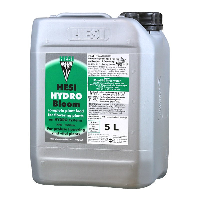 Hesi Hydro Bloom 5L plant food jerry can, gray container with green front label.