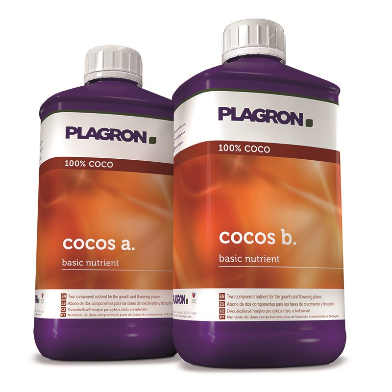 Plagron coco nutrient jugs with Cocos A and Cocos B labels, purple caps.